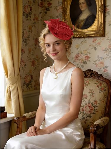 Women Fascinators Hats Tea Party Headband Hair Clip Feathers Hat for Wedding Cocktail Party - color: Red