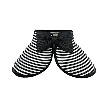 Womens Foldable Straw Sun Visor, Packable Roll‑Up Beach Hat with Wide Brim - color: Black & White