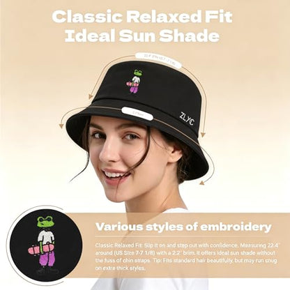 ZLYC Cotton Bucket Hat for Women Men Embroidered Packable Summer Sun Cap - color: Frog Black