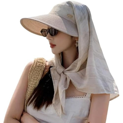 Sun Hats for Women Sun Protection Wide Brim Shawl with Neck Flap Hiking Visor Hat Outdoor UV Summer Beach hat - color: Beige