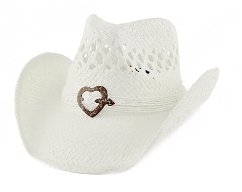 Women's Straw Cowboy Hat with Shapeable Brim, Wooden Heart Accent - color: White
