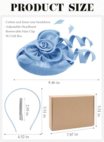 Zinniday 2026 Victoria Derby Fascinator - Kentucky Church Hats 1920s 50s Vintage Tea Party Hat with Hair Clip for Women - color: Light Blue