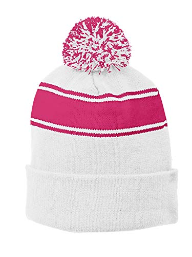 TOP HEADWEAR Unisex Men's Women's Stripe Pom Pom Beanie - color: White/Raspberry