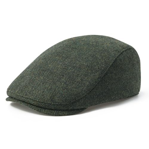 FEINION Men Wool Blend Flat Cap Tweed Newsboy Ivy Hat - color: Herringbone Green