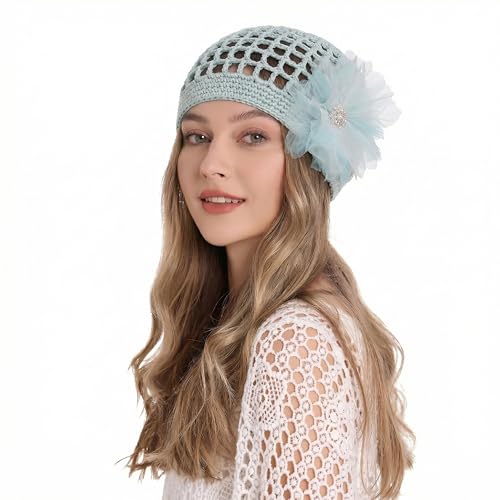ZLYC Women Crochet Beanie Hat Summer Handmade Knit Decorated Skull Cap - color: Floral Light Blue