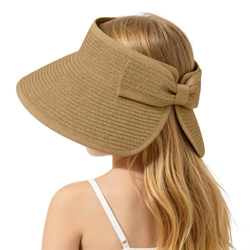 ZOORON Girls Straw Sun Visor Hat, Wide Brim Ponytail Beach Hat with Bow - color: Khaki