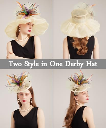 Women Derby Fascinator Hat Organza Church Wedding Hats Wide Brim Cocktail Tea Party Hat - color: 37apricot