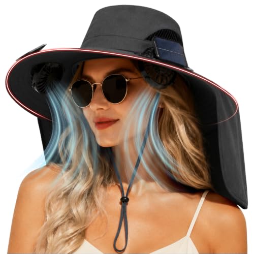 2 in 1 Wide Brim Sun Hat with 2 Solar Fans Sunshade UPF 50+ Garden Outdoor Fishing Beach Essential - color: Black