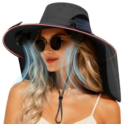 2 in 1 Wide Brim Sun Hat with 2 Solar Fans Sunshade UPF 50+ Garden Outdoor Fishing Beach Essential - color: Black