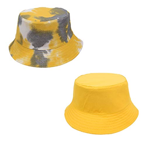 Tie Dye Bucket Hat Reversible Cotton Multicolored Fisherman Cap Packable Sun Hat - color: Yellow Grey