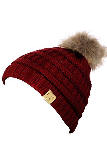 C.C Children's Kids' Soft Stretch Cable Knit Faux Fur Pom Beanie Hat - color: Red