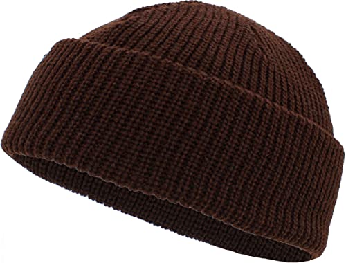 Fisherman Short Beanie Leon Roll up Trawler Classic Skullcap Hipster Beanie Warm Winter Hats Acrylic Ribbed Knit Cuff Daily - color: Brown Fisherman Beanie