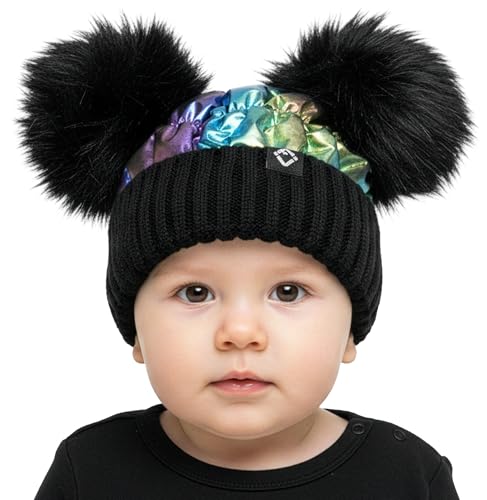 Funky Junque Baby Winter Beanie - Adorable Dual Pom Pom, Fleece Lined, Warm Infant Toddler Hat - color: Black/Multicolor
