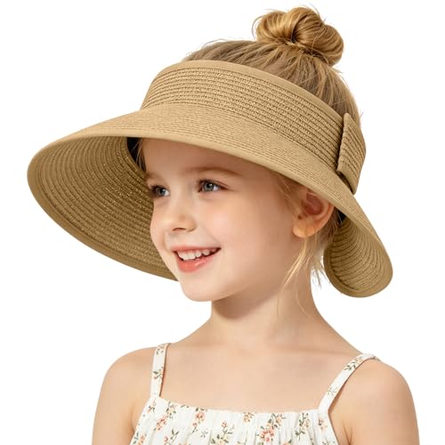 Girls Sun Visor Hat with Ponytail Hole Wide Brim Beach Straw Visor UPF 50+ - color: 1pack-khaki