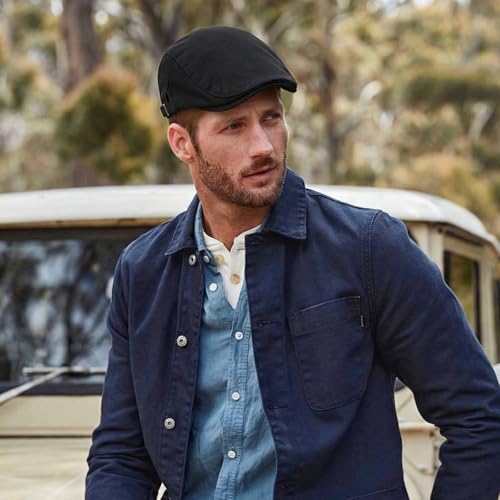 meioro Men's Cotton Newsboy Hat Striped Texture Adjustable Flat Cap - color: Black