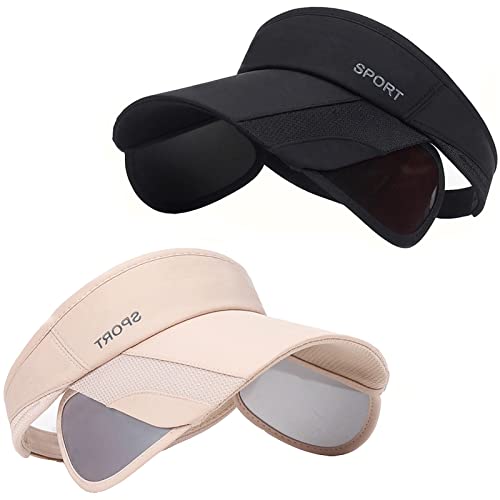 Sun Visor Hat for Women and Men - Retractable Brim Sport Hat, Summer Golf Tennis Running Beach Hat with Ponytail Hole - color: Z-2 Pack Beige Black