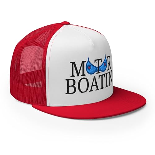 NX Motor Boatin Embroidered Flat Bill Trucker Hat High Crown Snapback Cap - color: Red/ White/ Red