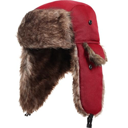 SATINIOR 1 Pcs Unisex Trapper Hat with Chin Strap Earflaps Hat - color: Red