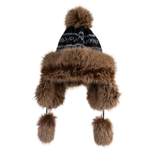 Cross Stitch Knit Fleece Lined Faux Fur Trapper Beanie Hat with String - color: Black