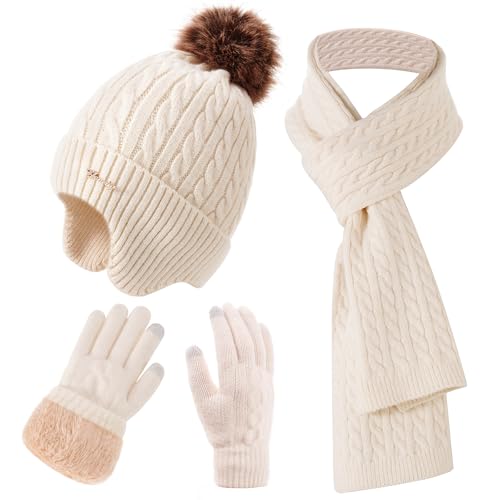 Winter Hat Scarf Gloves Set for Women, Classic Cable Beanie with Removable Pom Pom Long Scarf Touchscreen Gloves 3 in 1 Set - color: Beige Earmuffs