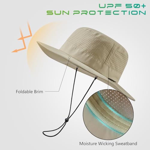 UPF 50+ Bucket Sun Hat with Laser Perforated Mesh Cooling Adjustable Breathable Lightweight for Outdoor Men Women - color: Khaki