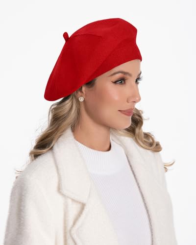 Women's Knitted Beret, French Style Double Layer Winter Autumn Warm and Soft Beanie Hat Cap - color: Red