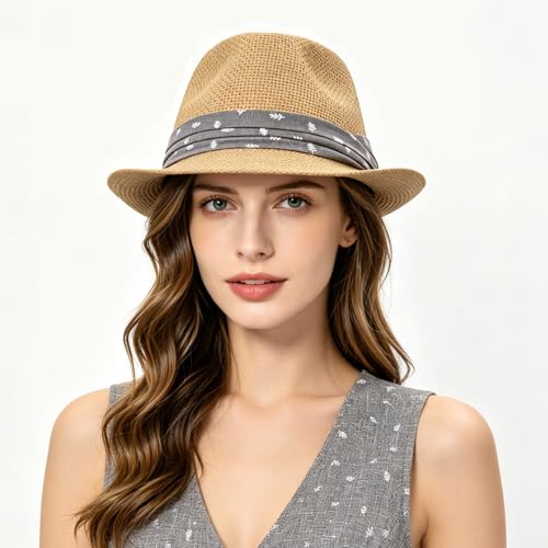 LIDHAY Straw Fedora Hat for Men Women |Short Brim Panama Sun Hat - color: Khaki