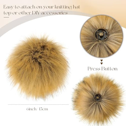 Juinte 12 Pcs 6 Inch Large Fur Pom Pom Balls for Hats, Brown - color: Brown