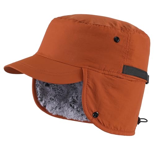 Connectyle Men's Winter Hat with Visor Warm Earflaps Hat Fully Lined Faux Fur Baseball Cap Trapper Hunting Hats - color: Caramel Brown