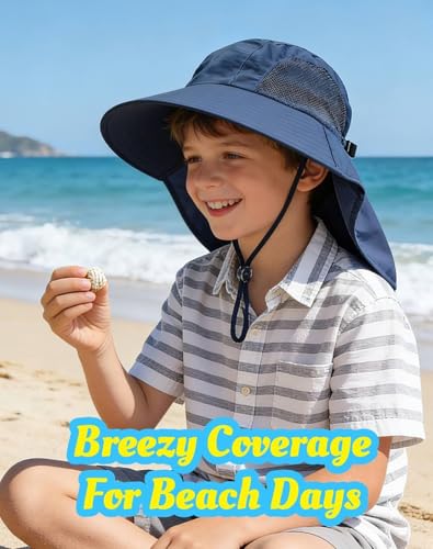 Rosoz Kids Sun Hat with Neck Flap UV Protection Summer Toddler Beach Hat Unisex Ponytail Hat Wide Brim Fishing Hat - color: 1pack-navy Blue