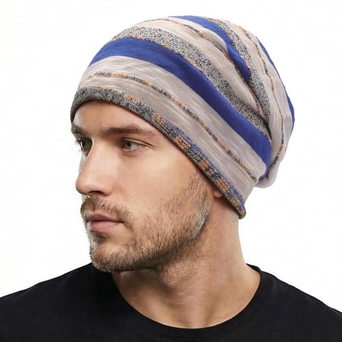 ZLYC Cotton Thin Slouchy Beanie Hat for Men Women Stretch Skull Cap - color: Stripes Blue, size: One Size