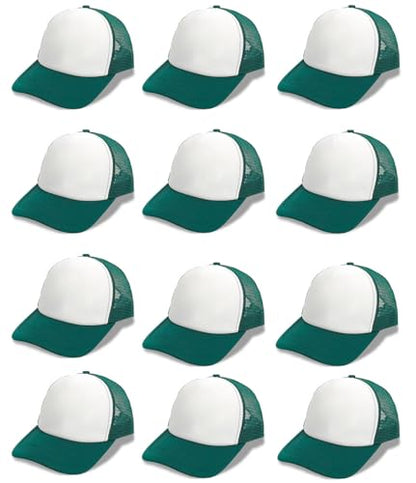 12 Pcs Sublimation Blank Trucker Hats Bulk Mesh Snapback Baseball Cap Mesh Trucker Caps for Men and Women DIY Custom Hats - color: Forest Green and White