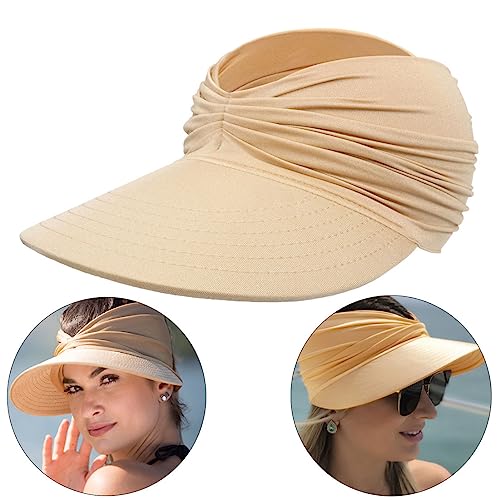 Sun Hat Women Beach Visor Cap UV Protection with Wide Brim Packable Summer Sport Ponytail Sun Cap - color: Beige