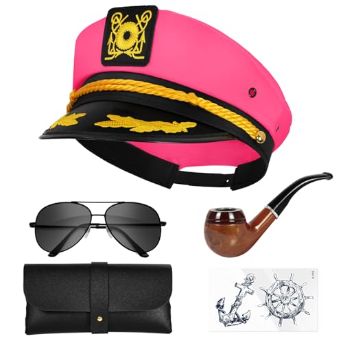 dodowin Captain Sailor Hat Set for Women Men, Yacht Rock Party Costume 4pcs - style: Pink Captain Hat Set