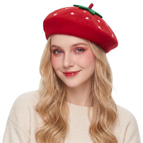 Coume Strawberry Beret for Women, Wool Felt French Beret Costume Hat - style: Red