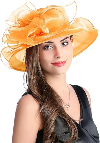 Women's Kentucky Derby Church Dress Hat Wide Brim Leaf Flower Bridal Shower Hat - color: S8 Orange