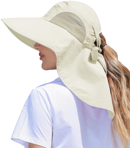 Womens Sun Hat Outdoor UV Protection Wide Brim Fishing Hat with Ponytail Hole Neck Flap for Beach Hiking Camping - color: Beige