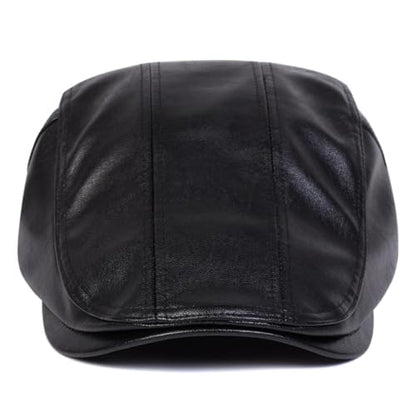 Newsboy Cap for Men, Flat Cap, PU Leather Hat - color: Buckle| Black