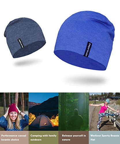 EMPIRELION Mens Running Beanie Hat, 9" Lightweight Helmet Liner Skull Cap - color: Royal Mel. + Steel Blue Mel.