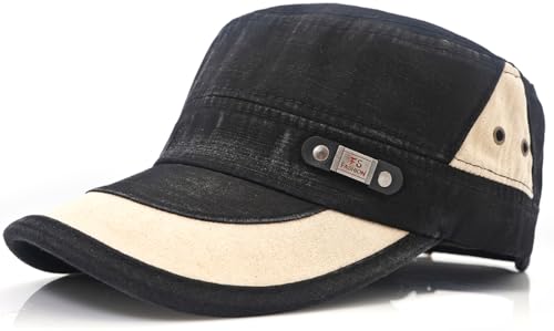 Men Flat Top Hat Cadet Army Cap Twill Cotton Baseball Military Cap - color: F - Black