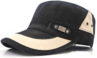 Men Flat Top Hat Cadet Army Cap Twill Cotton Baseball Military Cap - color: F - Black