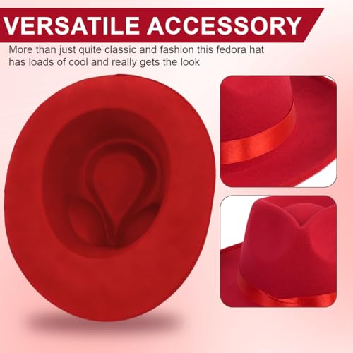 Red Wide Brim Felt Fedora Hat with Satin Ribbon Dress Panama Hat Rancher Cap for Unisex Halloween Costume
