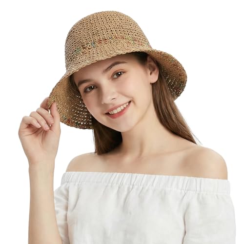 Womens Little Girls Summer Crochet Straw Bucket Hat Colorful Floppy Sun Shade Boonie Cap Wide Brim Beach Vacation Sun Hat - color: Khaki, size: 2-5T