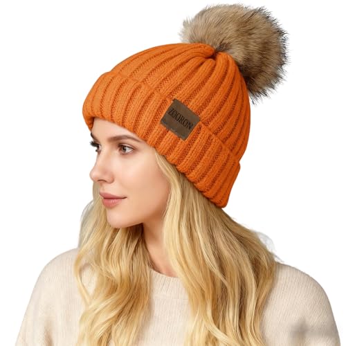 ZOORON Womens Winter Knitted Beanie Hat with Faux Fur Pom Beanie Warm Knit Skull Cap Beanie for Women - color: 1pack Orange