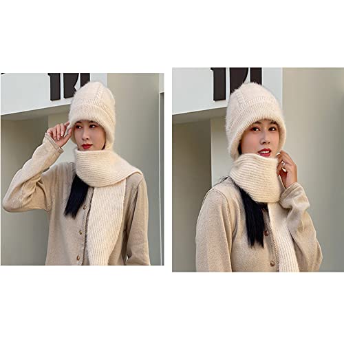 Winter Warm Elastic Soft Ear Protection Knitted Scarf Hat Fleece Lined Beanie Hat - color: H01-beige
