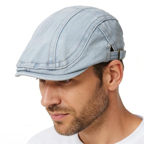 Mens Denim Newsboy Cap Ivy Gatsby Hunting Cabbie Driving Hats - color: B-light Blue
