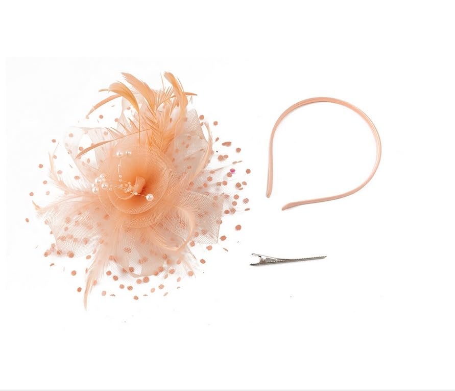 JUNBESTN Fascinators Hat Tea Party Headwear for Women Flower Mesh Feathers Headband - color: Champagne Pink