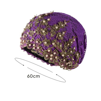 haozaikeji Women Flower Turban Hat Rhinestones Muslim Islamic Head Wrap African Pearl Turban Soft Stretchy Head Cover - color: Purple