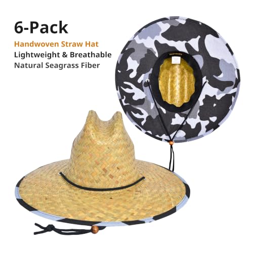 6 Pack Straw Hats – Bulk Wide Brim Lifeguard Sun Hats for Men & Women with Adjustable Chin Strap - color: Natural Straw With Camouflage Lining