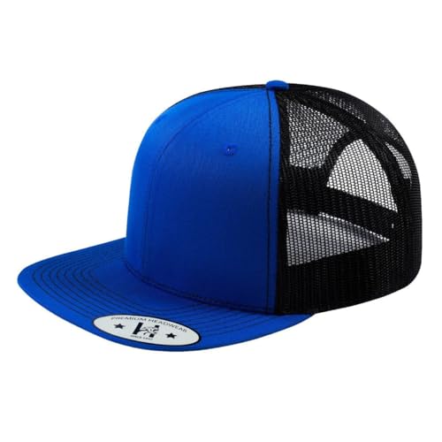 DT-118 Blank 6-Panel Flat-Bill Snapback Trucker Hat - color: Royal Blue and Black T6f-rbtc-b